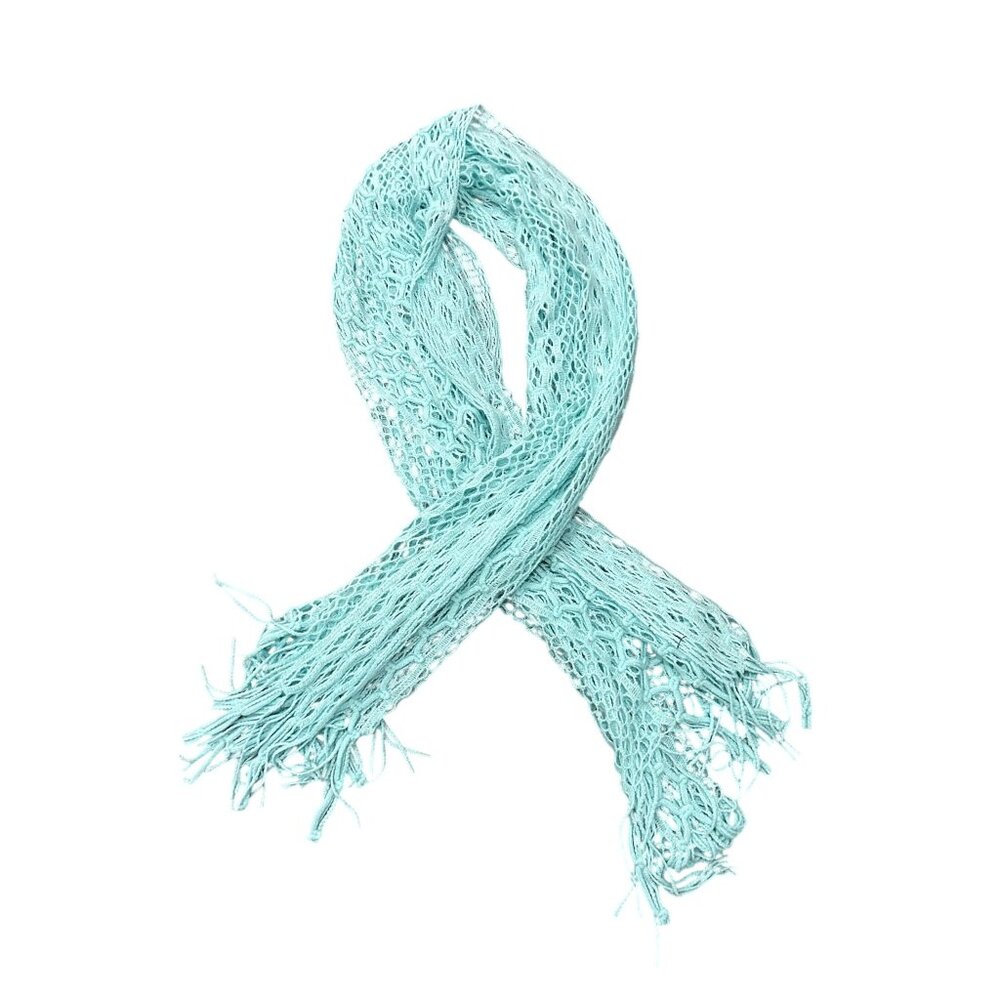 Women's Light Mint Green Crochet Fringe Knit Scarf Lightweight Handmade Chic